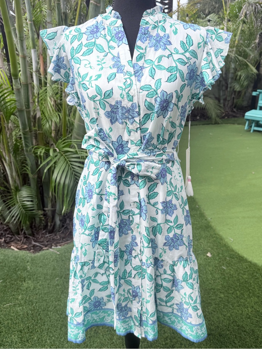 Calypso St. Barth White Blue Floral Dress with Tie Waist Belt & Flutter Sleeves